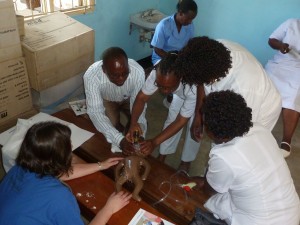 Karen Klemp oversees a Helping Babies Breathe workshop in Tanzania. In the event a baby is not breathing after birth, participants are taught to clear the mucus from the airway and give rescue breaths.